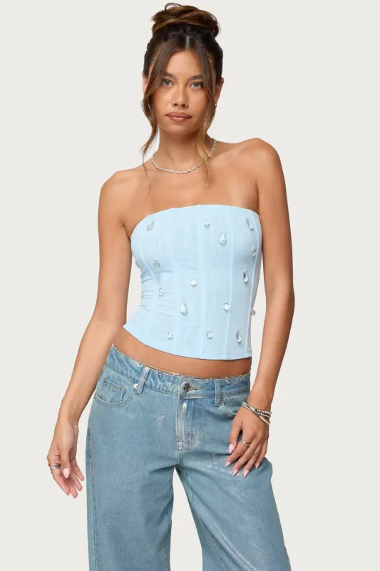 Lexah Faux Crystal Strapless Mesh Corset sold by Edikted