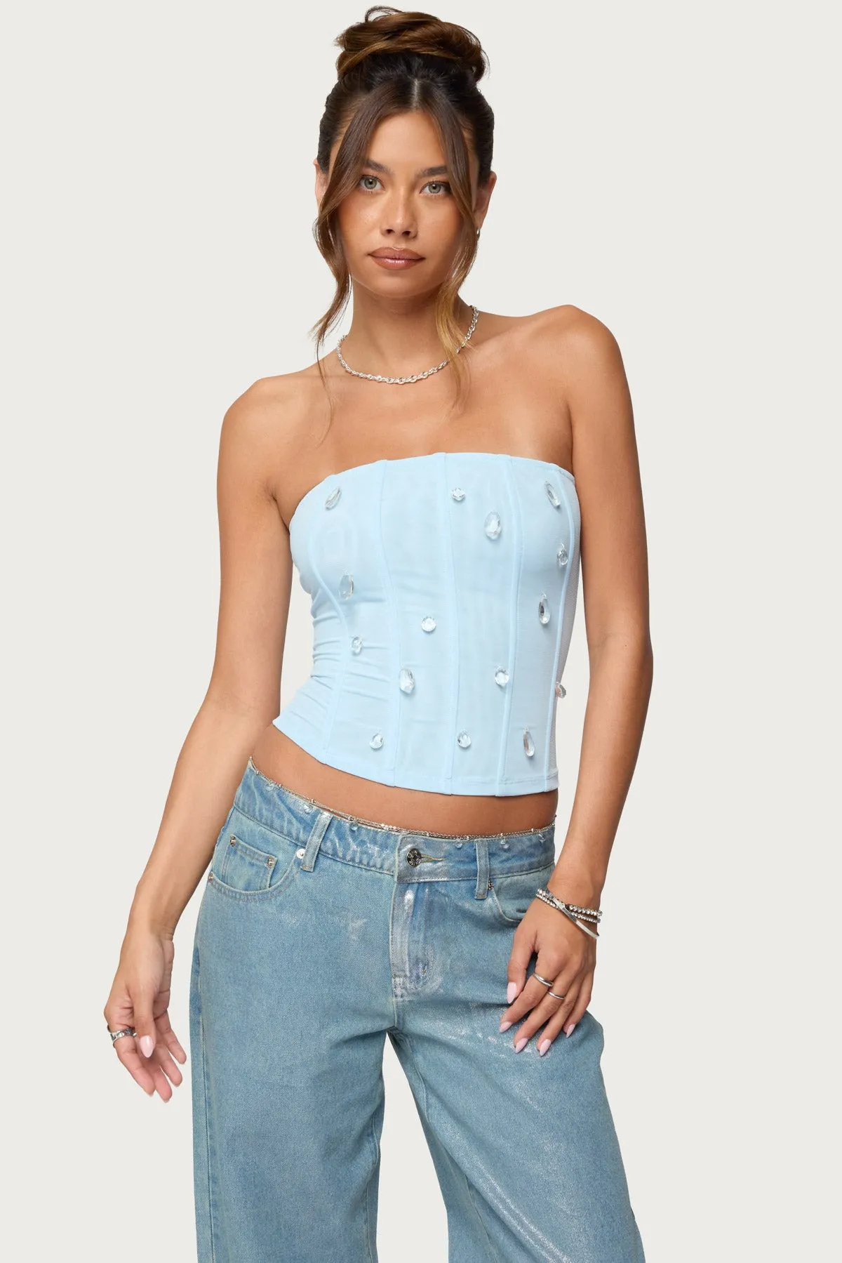 Lexah Faux Crystal Strapless Mesh Corset sold by Edikted