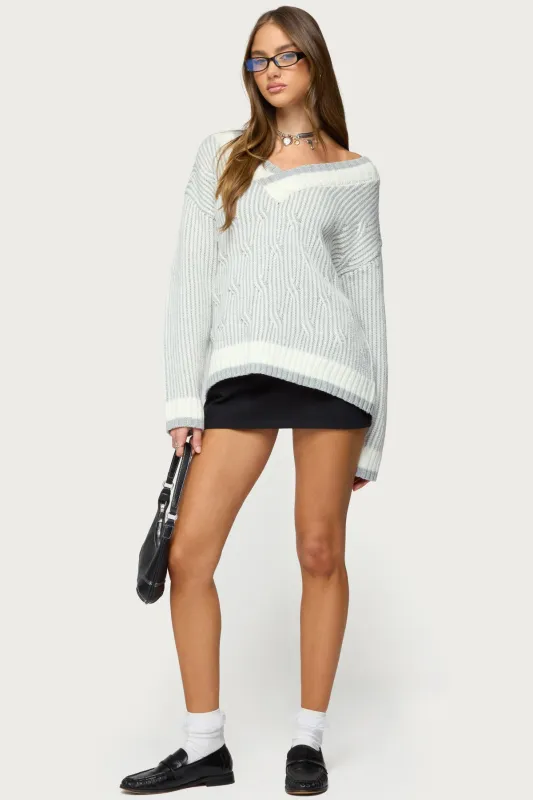Lila V Neck Cable Knit Sweater sold by Edikted