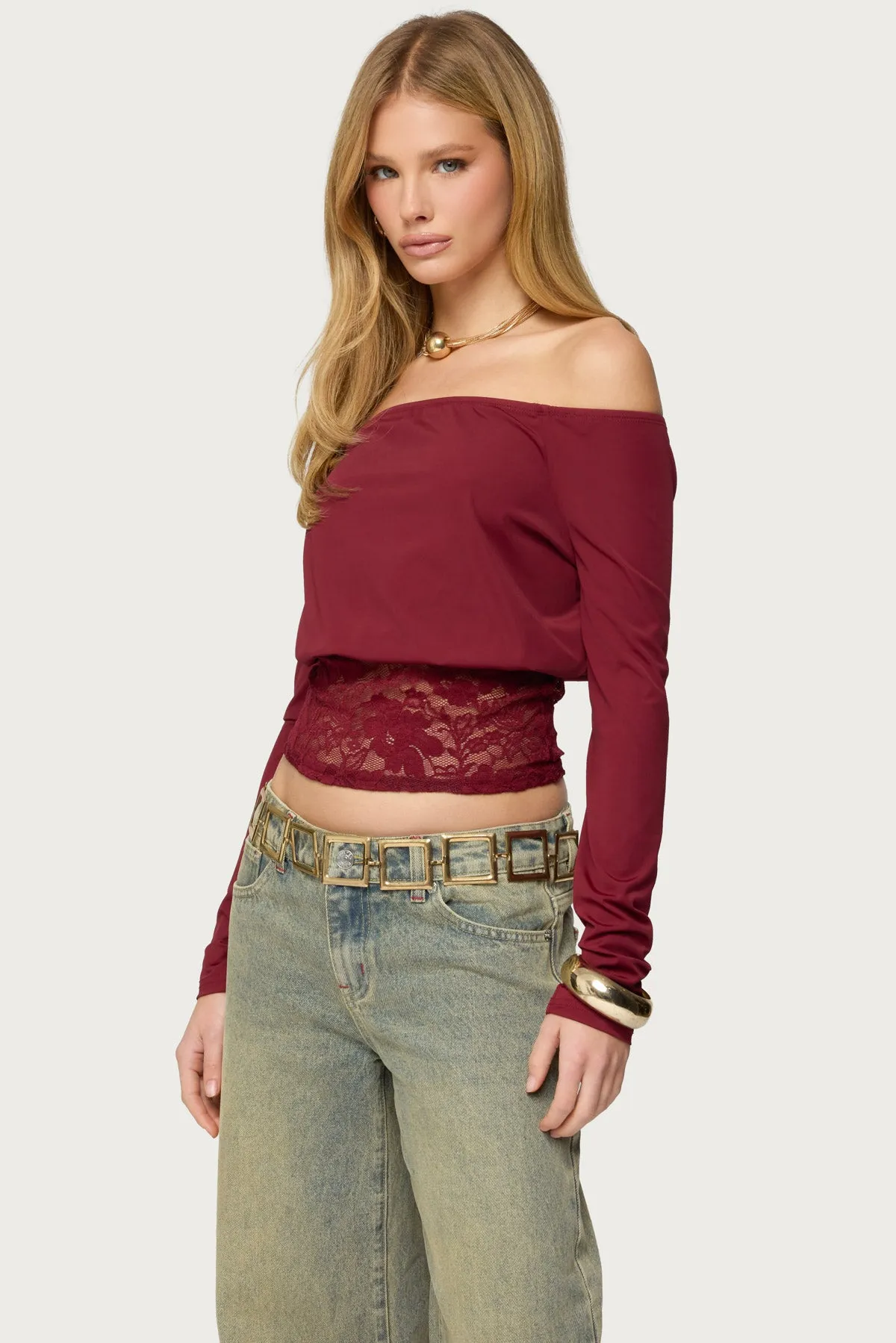 Dorona Lacey Off Shoulder Top sold by Edikted product image thumbnail 3