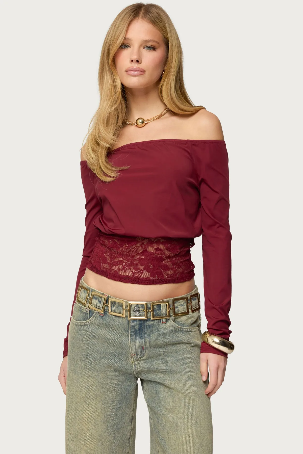 Dorona Lacey Off Shoulder Top sold by Edikted