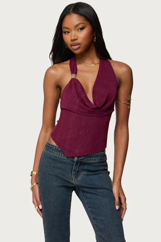 Mimi Asymmetric Textured Mesh Halter Top made by Edikted