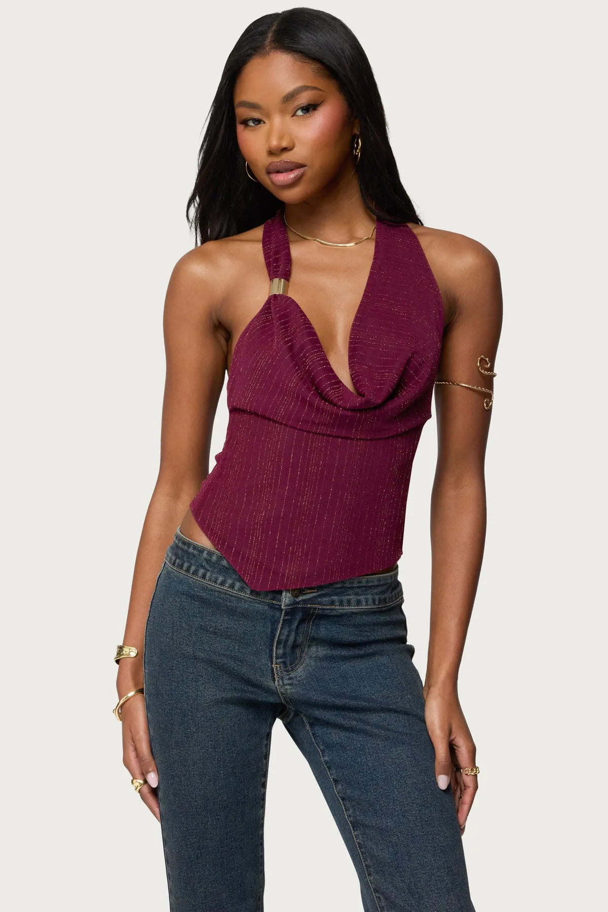 Mimi Asymmetric Textured Mesh Halter Top sold by Edikted