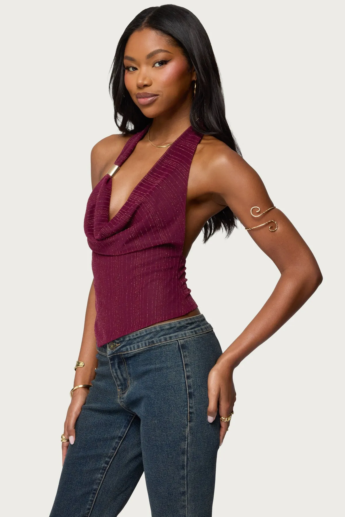 Mimi Asymmetric Textured Mesh Halter Top sold by Edikted product image thumbnail 3