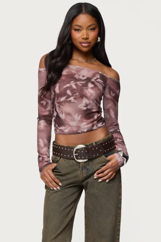 Off Shoulder Printed Sheer Mesh Top made by Edikted