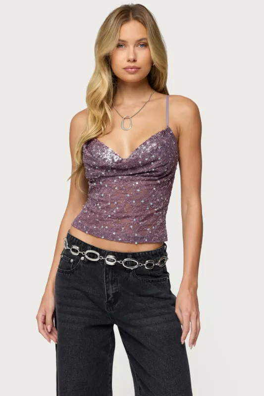 Sequin Layered Bra Cowl Neck Top sold by Edikted