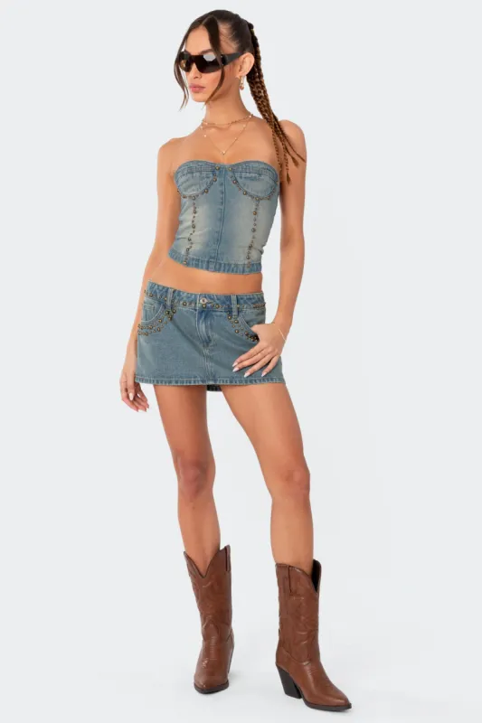 Studded Low Rise Washed Denim Mini Skirt sold by Edikted