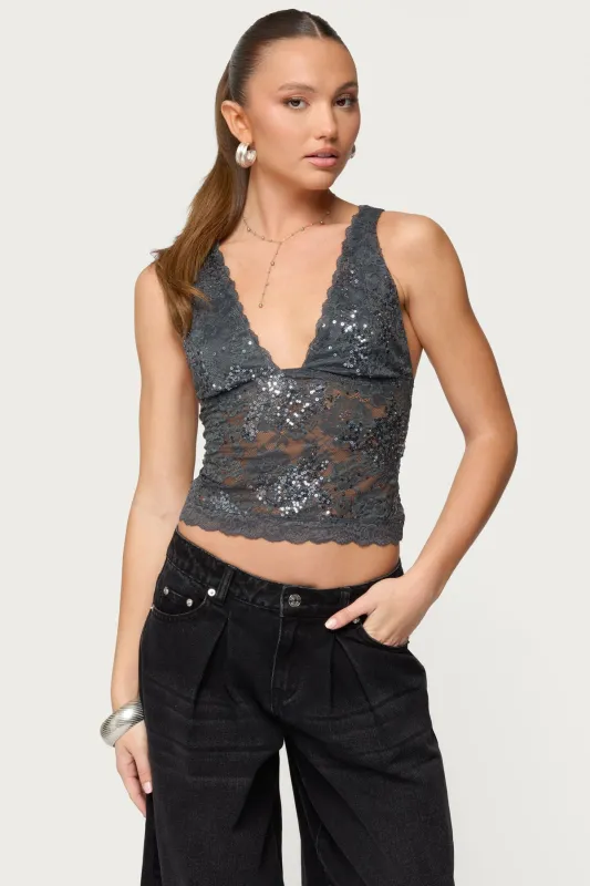 Isabela Sequin Sheer Lace Tank Top sold by Edikted