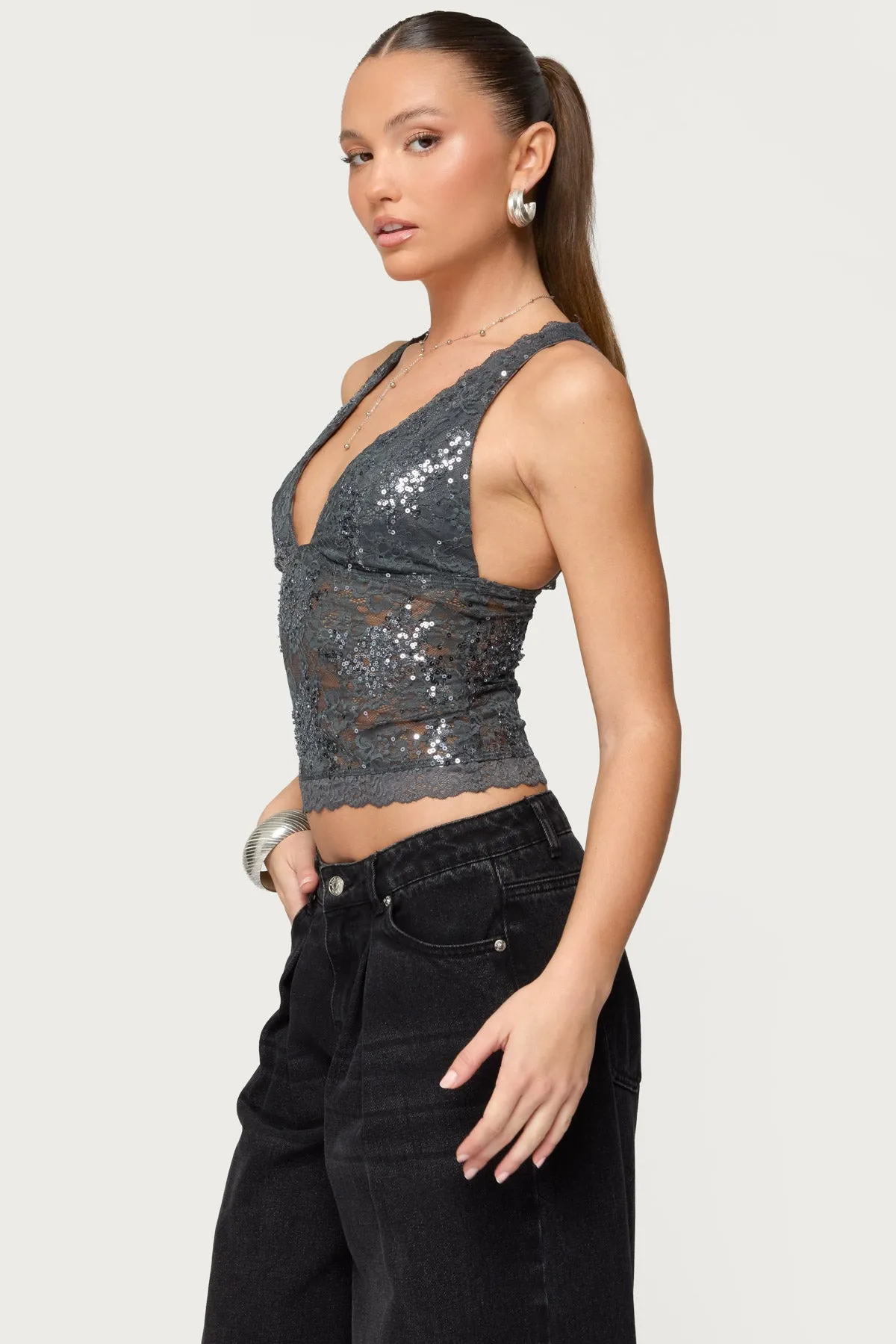 Isabela Sequin Sheer Lace Tank Top sold by Edikted product image thumbnail 3