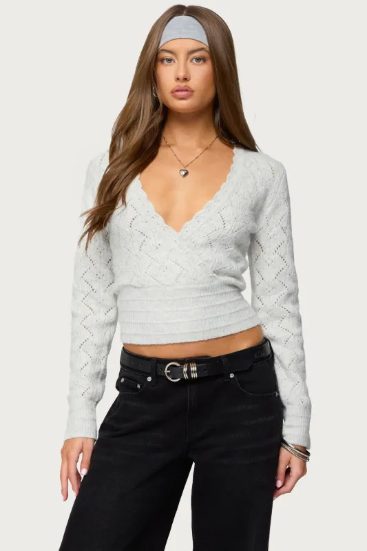 Janine Pointelle Knit V Neck Top sold by Edikted