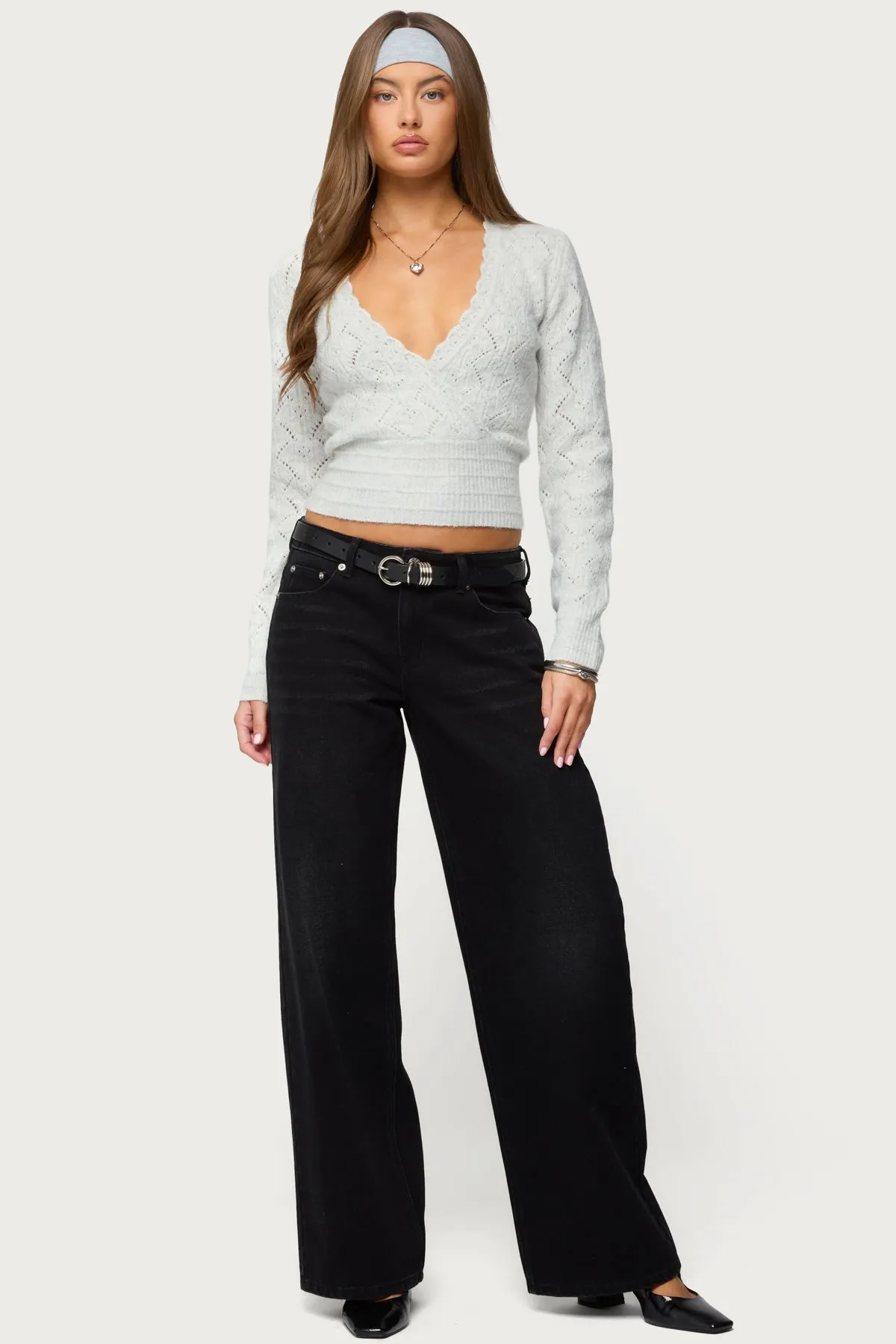 Janine Pointelle Knit V Neck Top sold by Edikted product image thumbnail 5