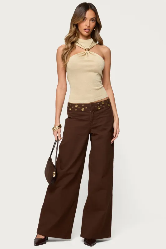 Mixed Grommet Low Rise Wide Leg Jeans sold by Edikted