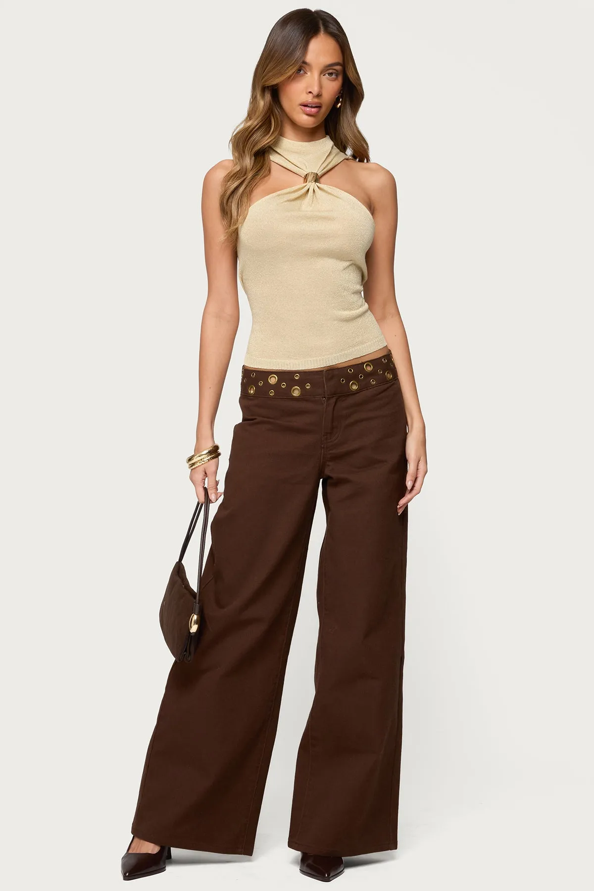 Mixed Grommet Low Rise Wide Leg Jeans sold by Edikted