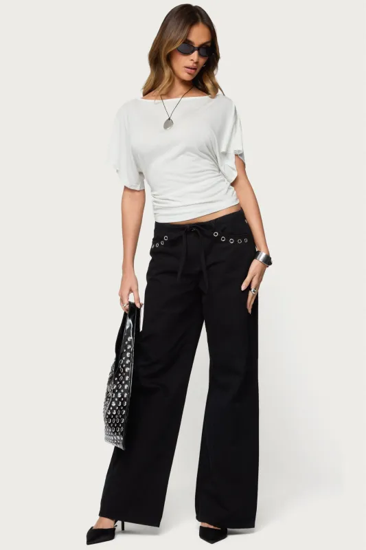 Grommet Tie Waist Low Rise Baggy Jeans sold by Edikted