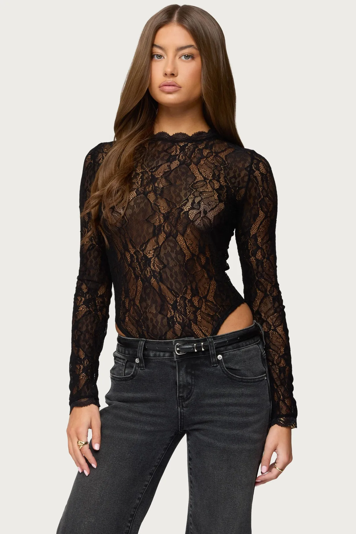 Rosalinda Sheer Lace Bodysuit sold by Edikted