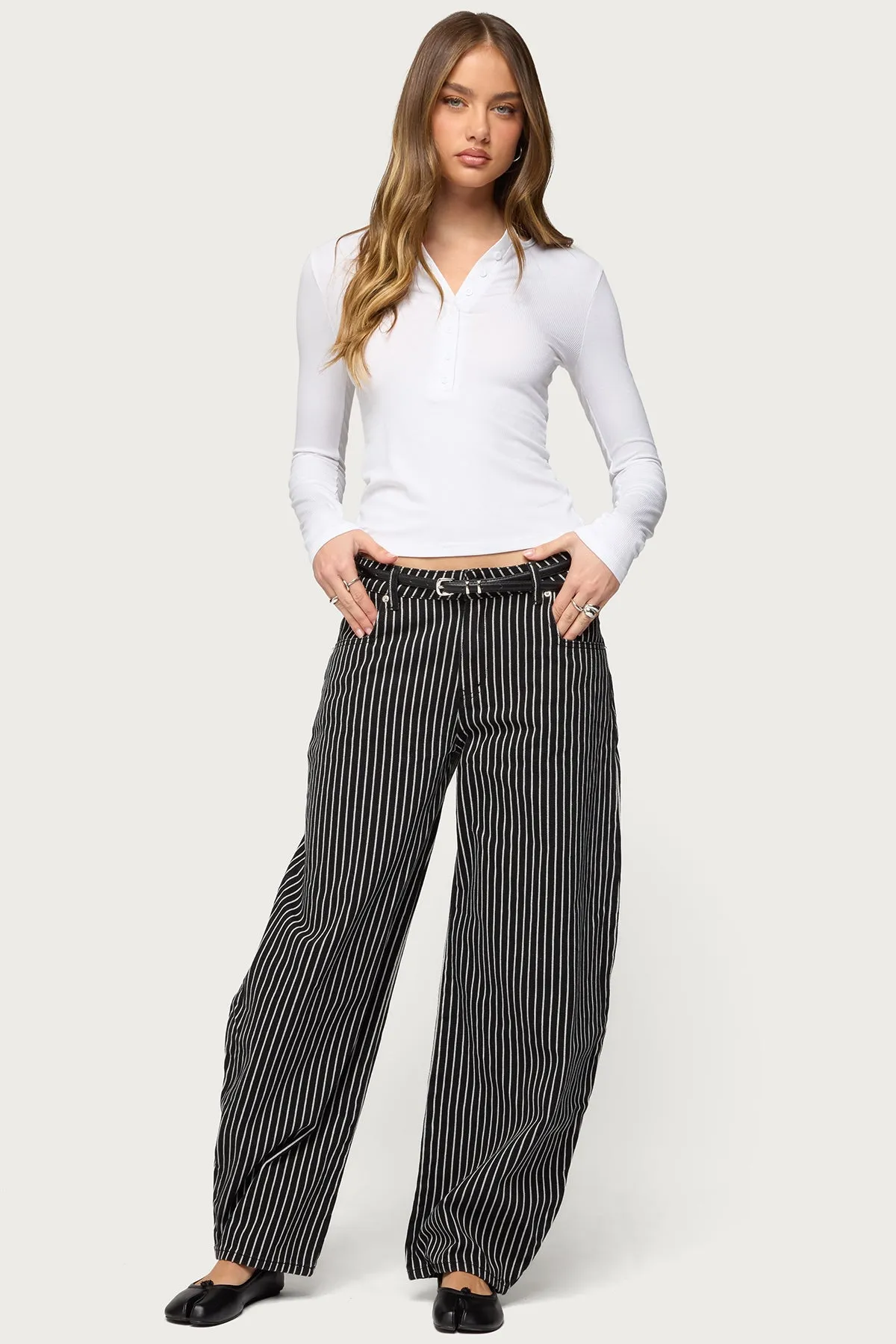 Pinstripe Low Rise Barrel Leg Jeans sold by Edikted product image thumbnail 5