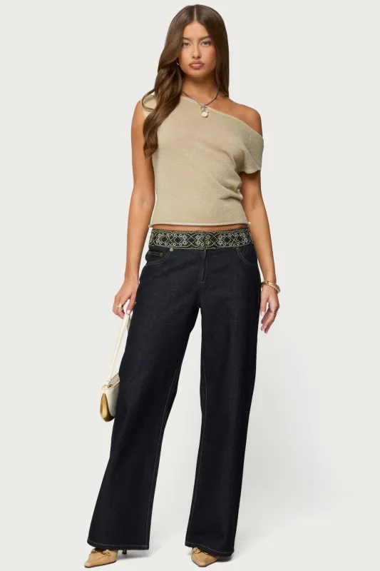 Carlie Embroidered Low Rise Wide Leg Jeans sold by Edikted