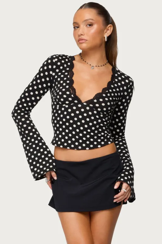Polka Dot Lacey Plunge Neck Top sold by Edikted