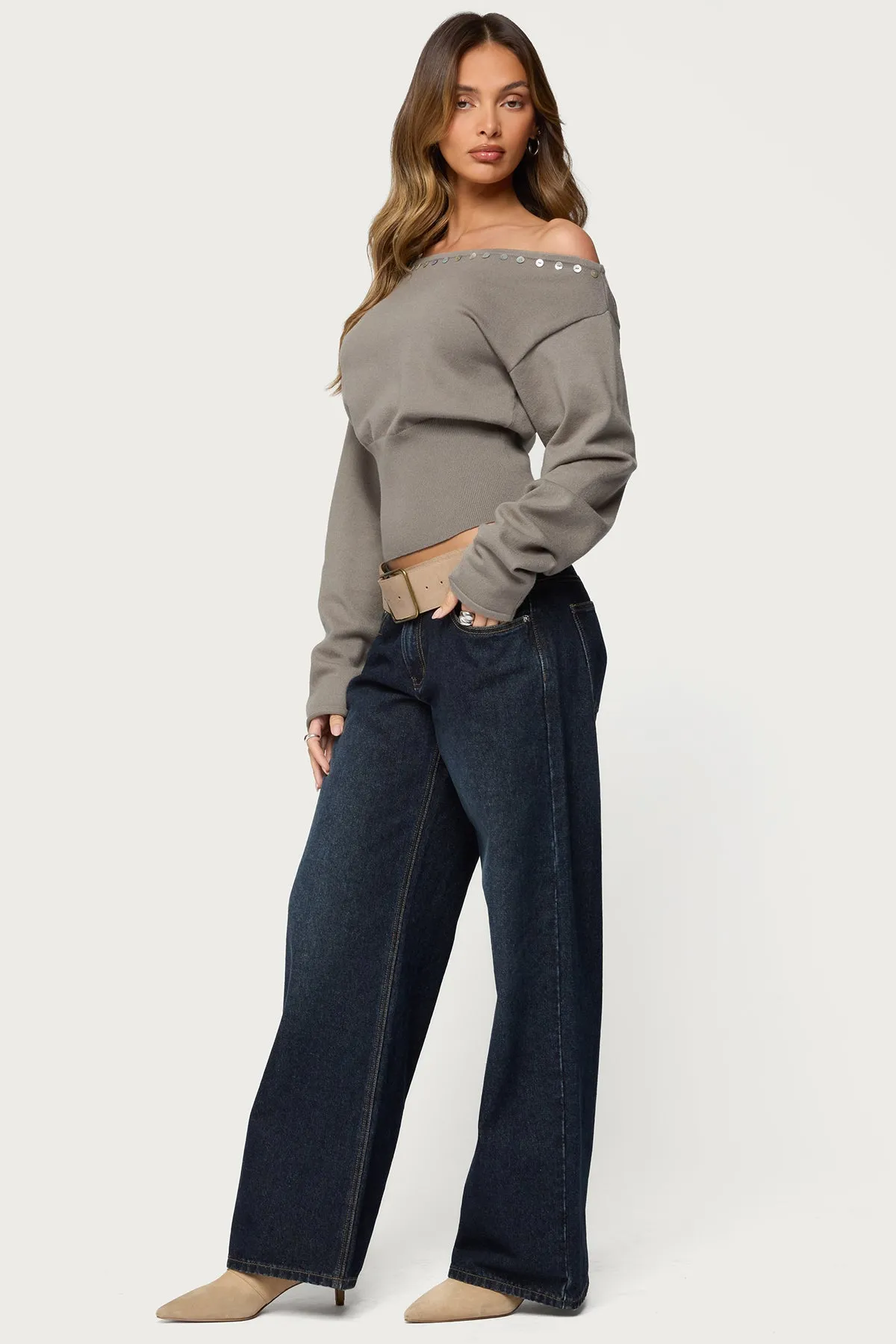 Carmela Iridescent Button Off Shoulder Sweater sold by Edikted product image thumbnail 4