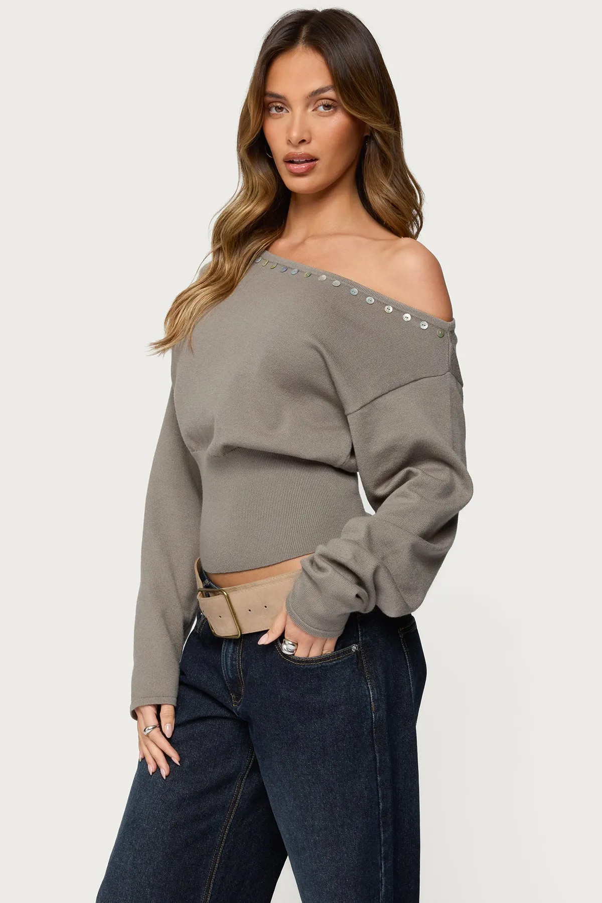 Carmela Iridescent Button Off Shoulder Sweater sold by Edikted product image thumbnail 3