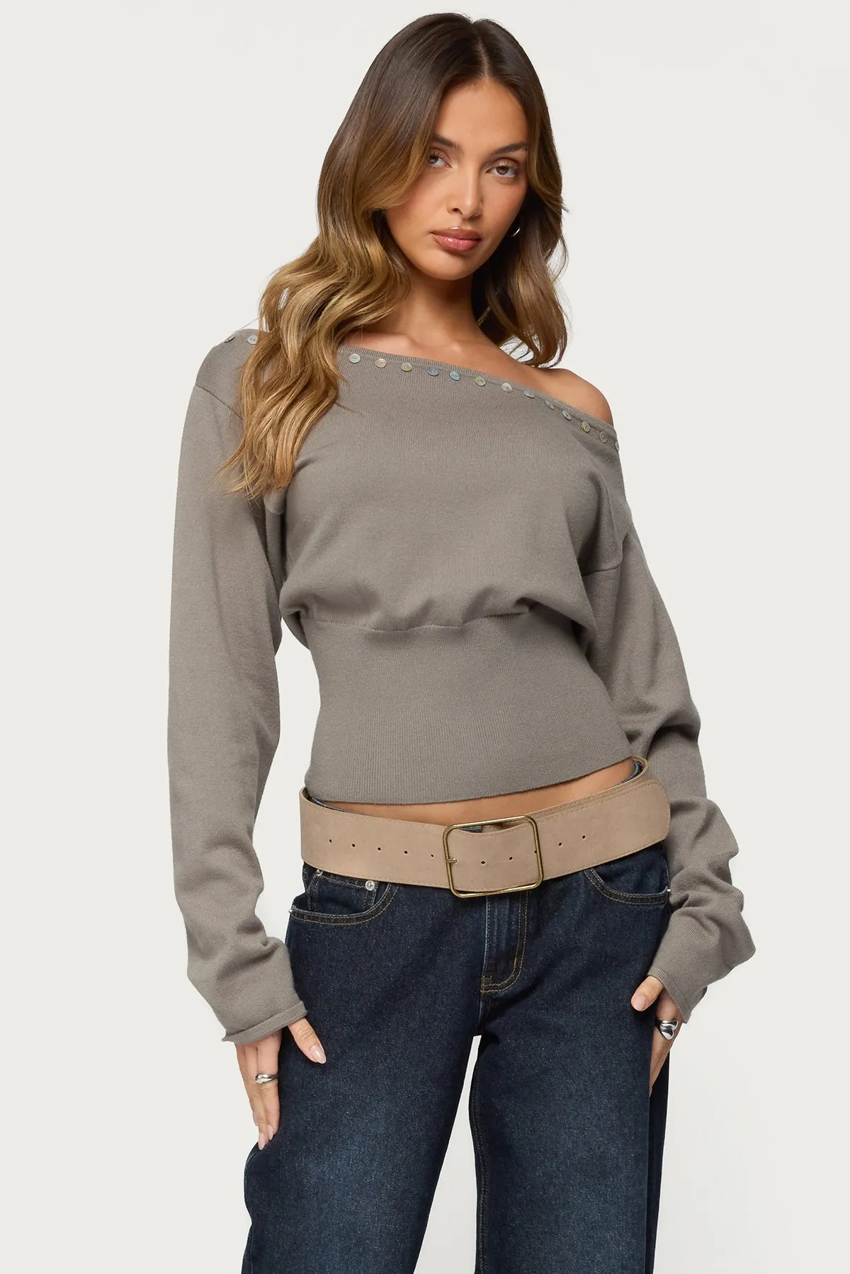 Carmela Iridescent Button Off Shoulder Sweater sold by Edikted
