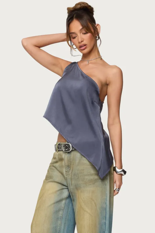 Asymmetric Satin Effect One Shoulder Top sold by Edikted