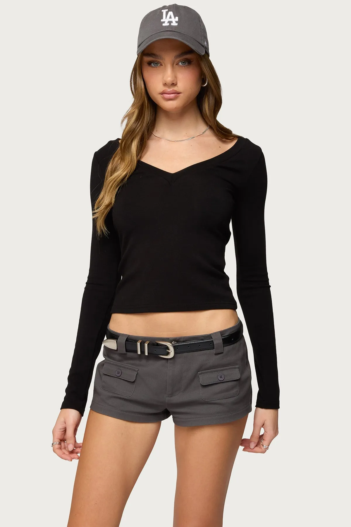 Larna V Neck Ribbed T Shirt sold by Edikted