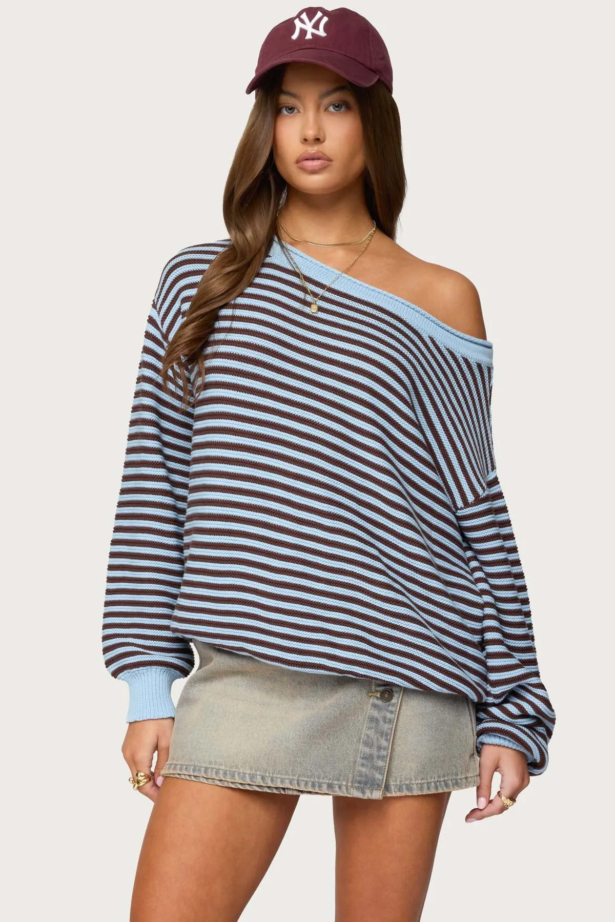 Averi Striped Oversized Off Shoulder Sweater sold by Edikted