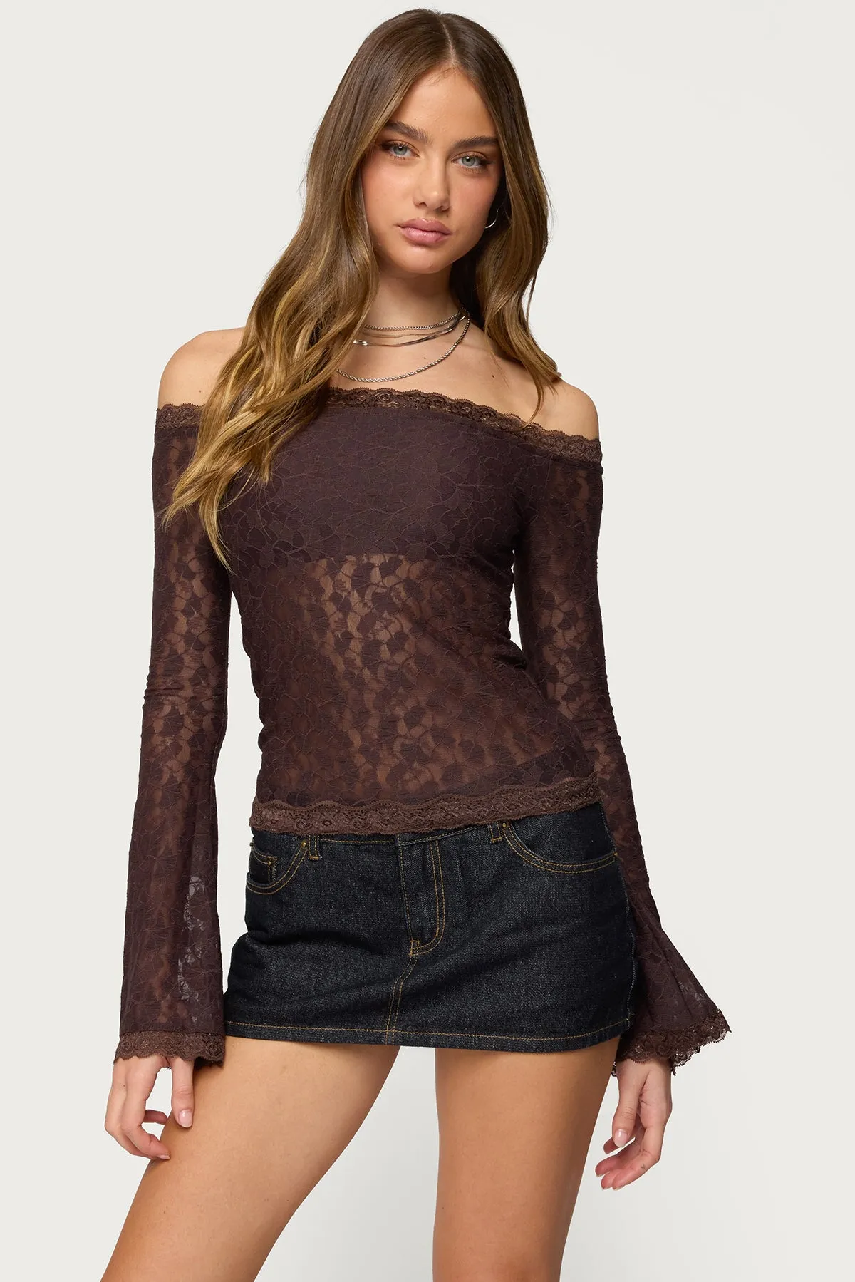Built In Bra Off Shoulder Lace Top sold by Edikted