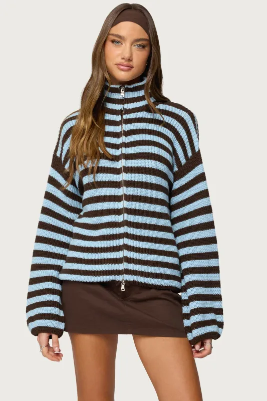High Neck Striped Zip Up Sweater made by Edikted