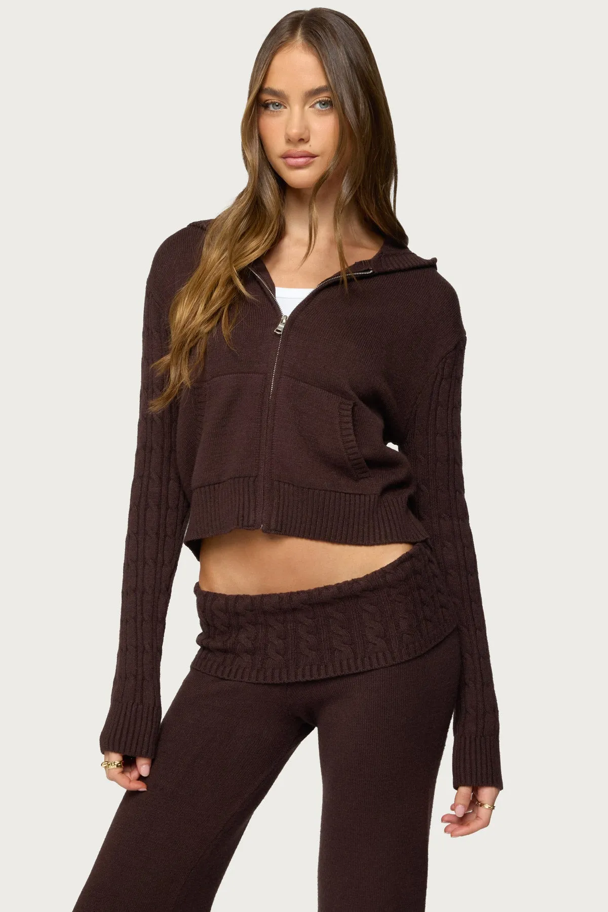 Lula Cable Knit Zip Up Hoodie sold by Edikted