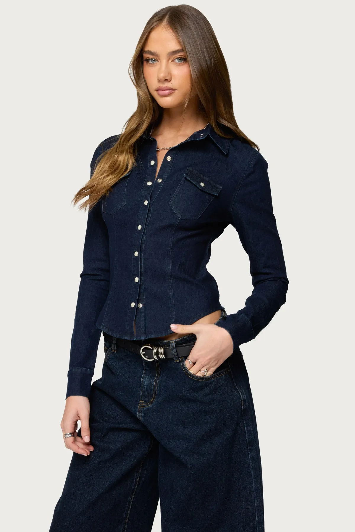 Shylo Stretchy Denim Button Up Shirt sold by Edikted product image thumbnail 3