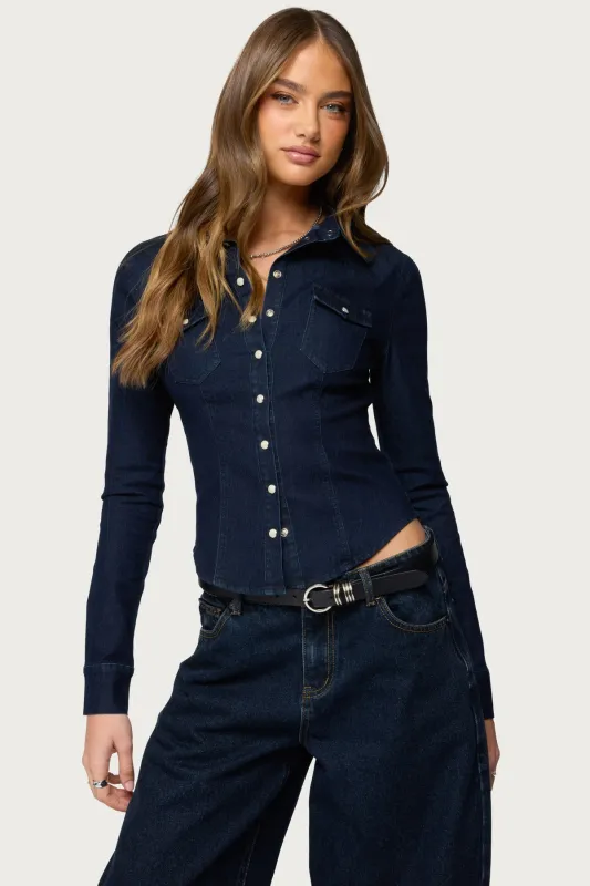 Shylo Stretchy Denim Button Up Shirt sold by Edikted