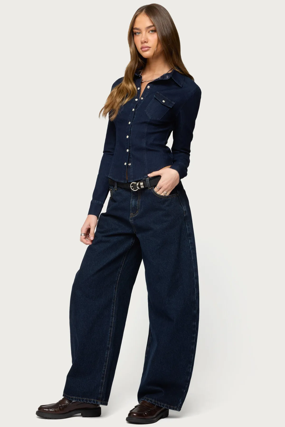 Shylo Stretchy Denim Button Up Shirt sold by Edikted product image thumbnail 4
