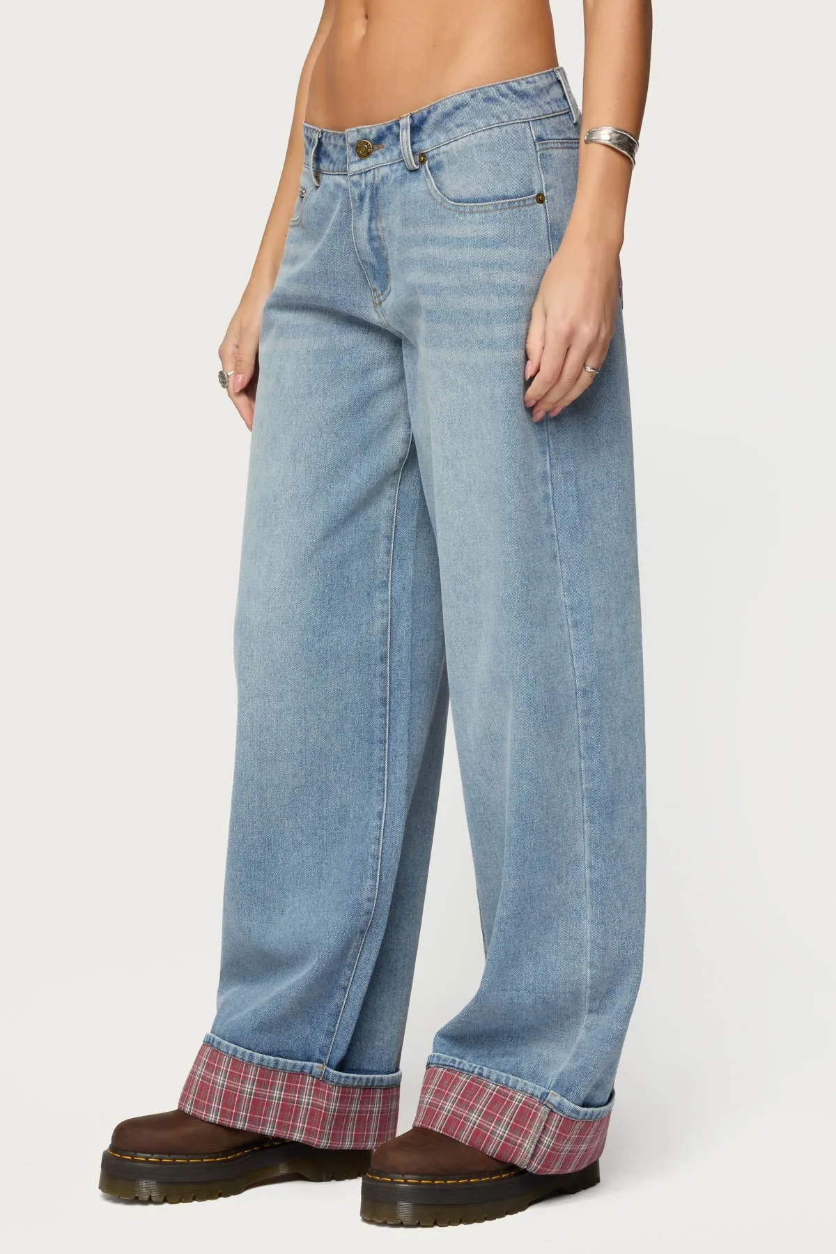 Plaid Cuffed Low Rise Baggy Jeans sold by Edikted product image thumbnail 3