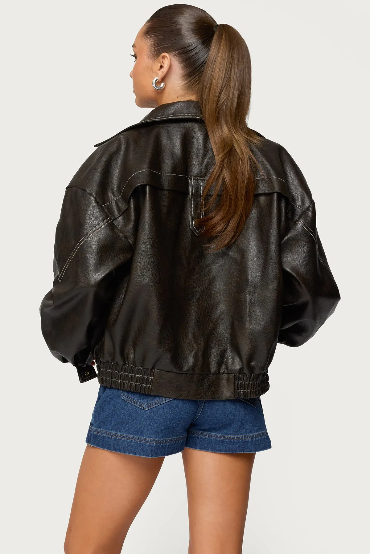Jaxson Oversized Faux Leather Bomber Jacket sold by Edikted product image thumbnail 5