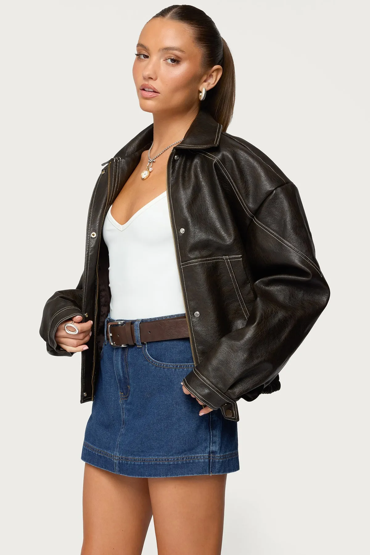 Jaxson Oversized Faux Leather Bomber Jacket sold by Edikted product image thumbnail 3