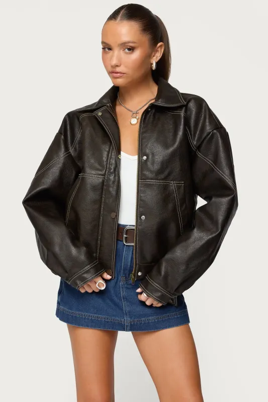 Jaxson Oversized Faux Leather Bomber Jacket sold by Edikted