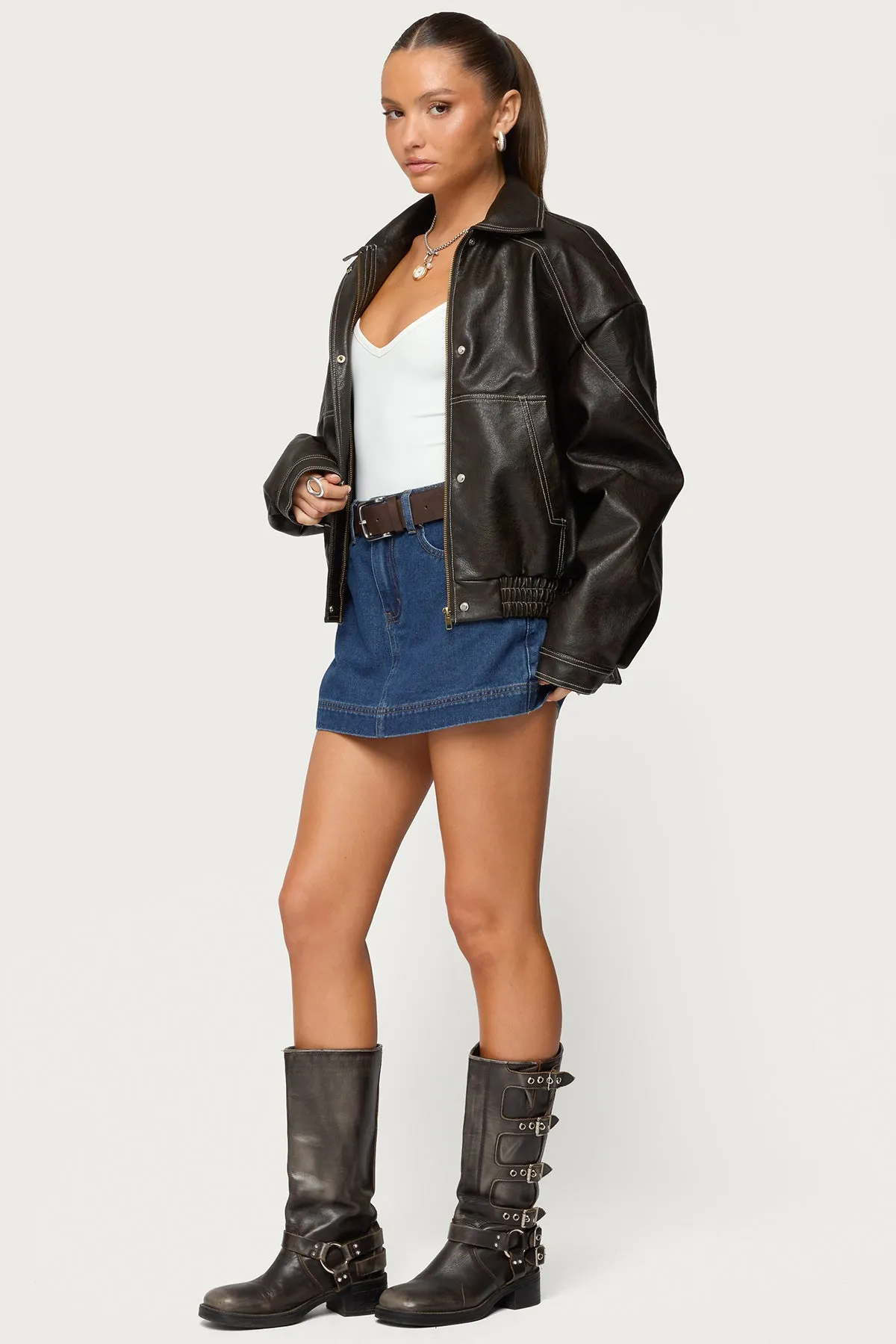 Jaxson Oversized Faux Leather Bomber Jacket sold by Edikted product image thumbnail 4
