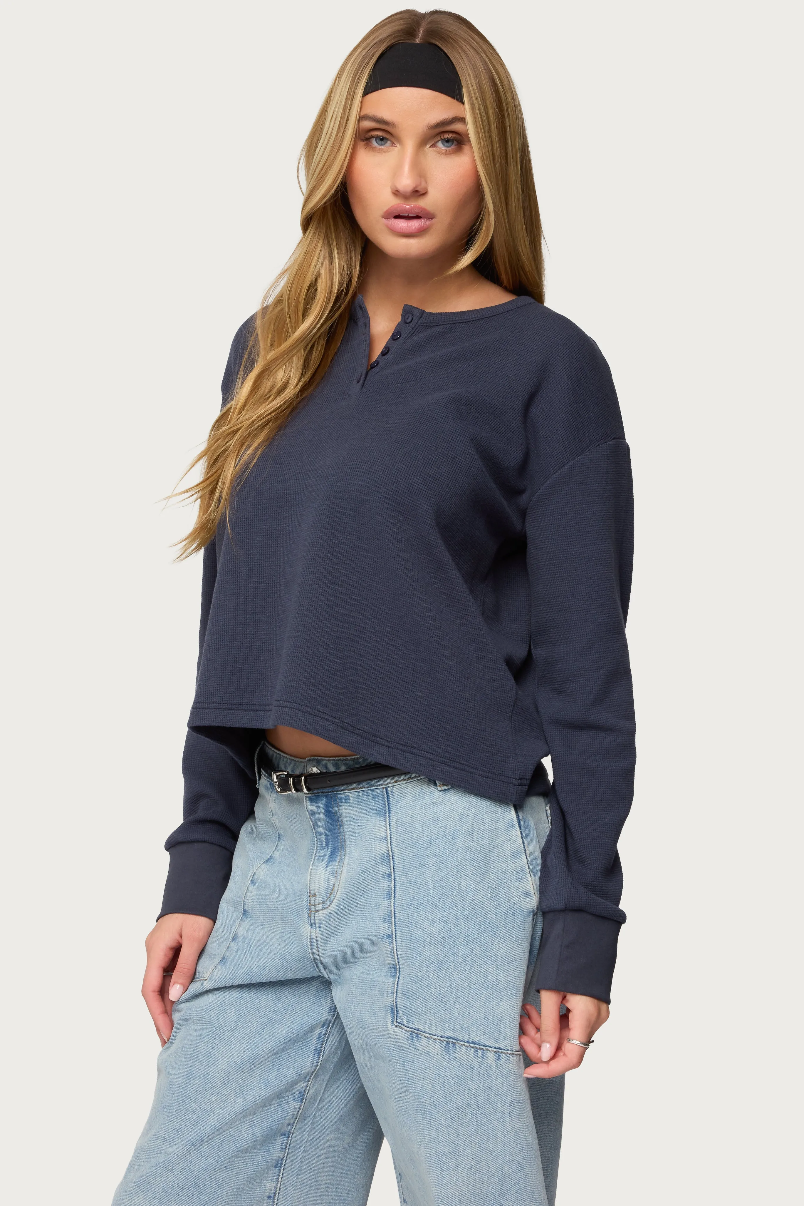 Deni Long Sleeve Henley Waffle Top sold by Edikted product image thumbnail 3
