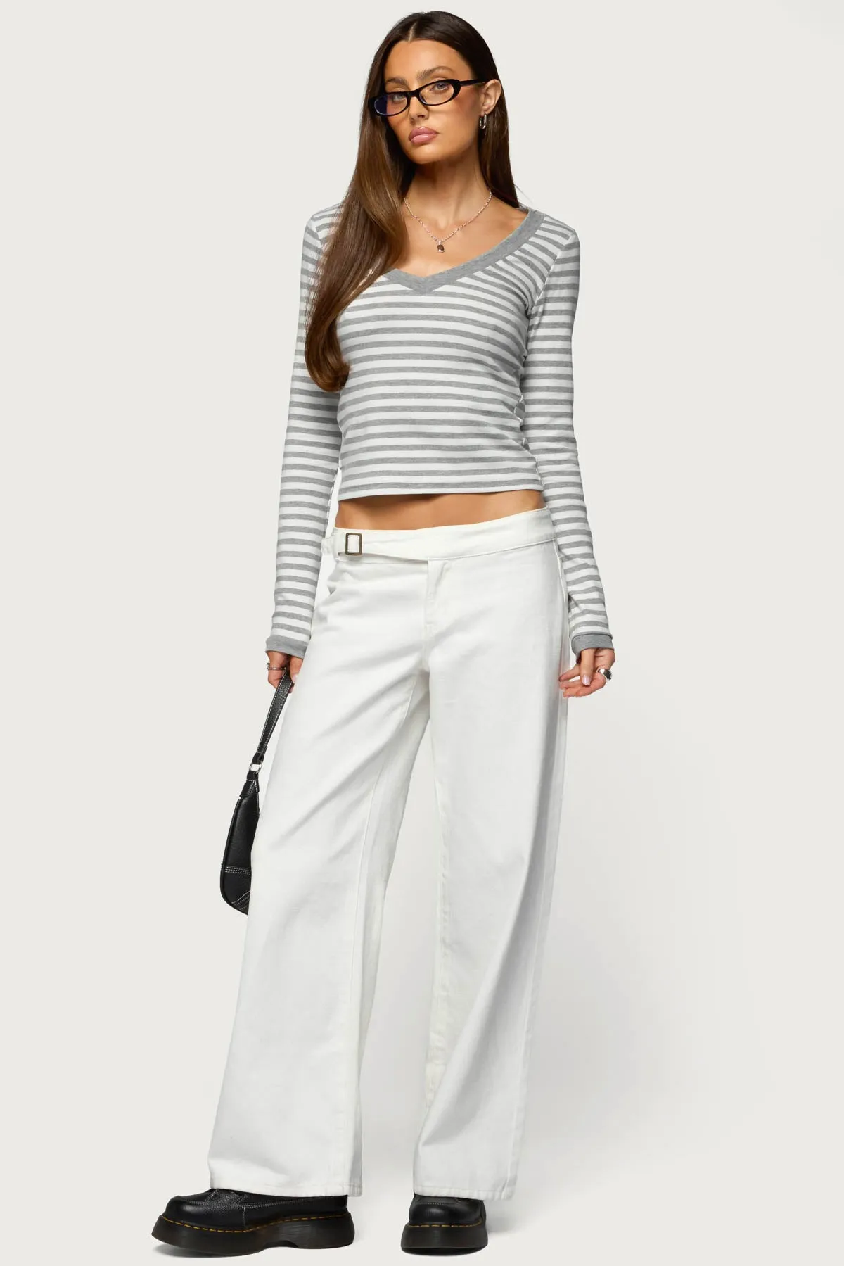 Kimi Striped Long Sleeve V Neck Top sold by Edikted product image thumbnail 2