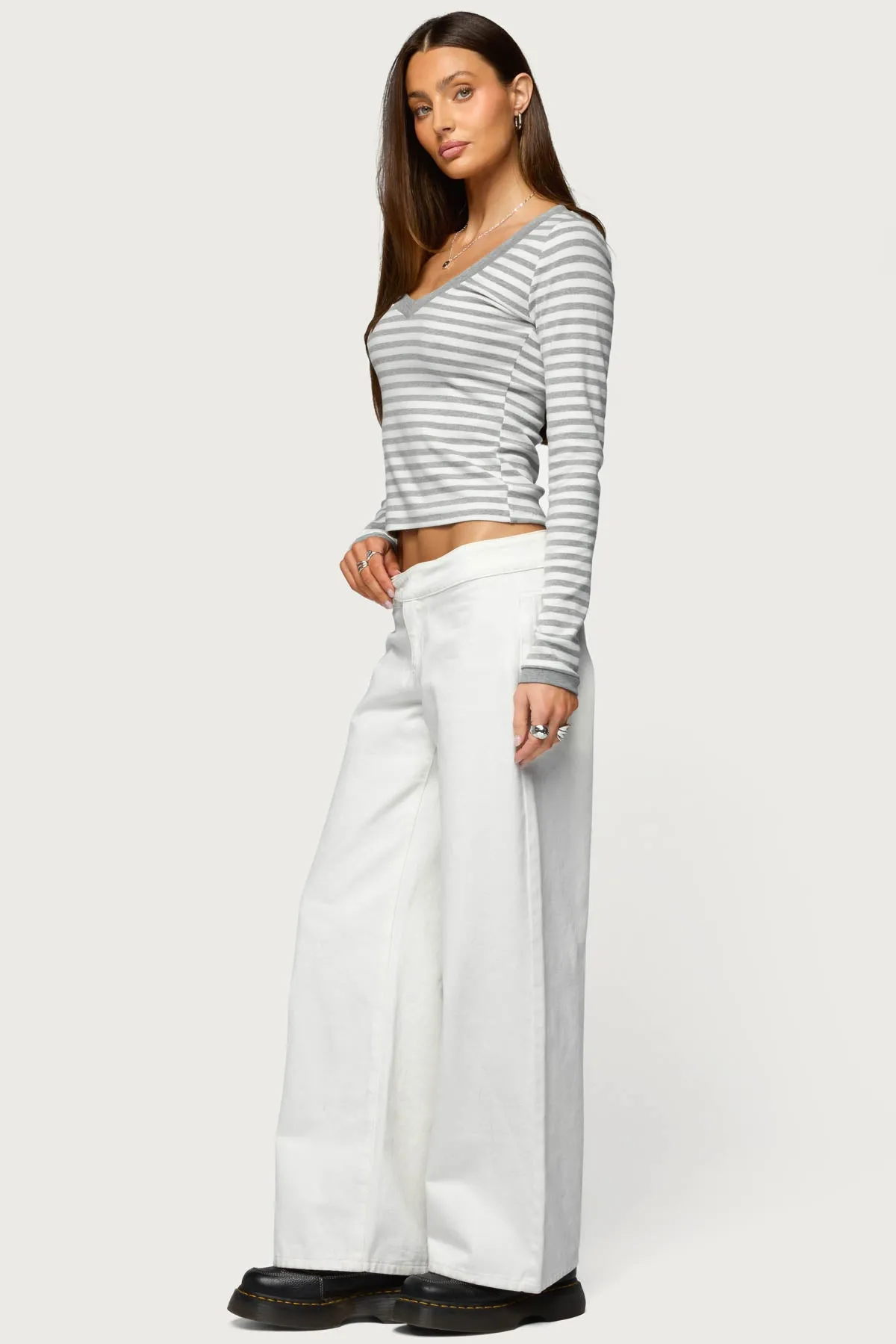 Kimi Striped Long Sleeve V Neck Top sold by Edikted product image thumbnail 5