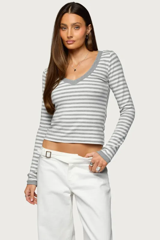Kimi Striped Long Sleeve V Neck Top sold by Edikted