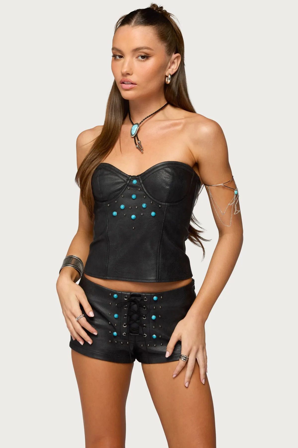 Jessica Cupped Faux Leather Strapless Top sold by Edikted