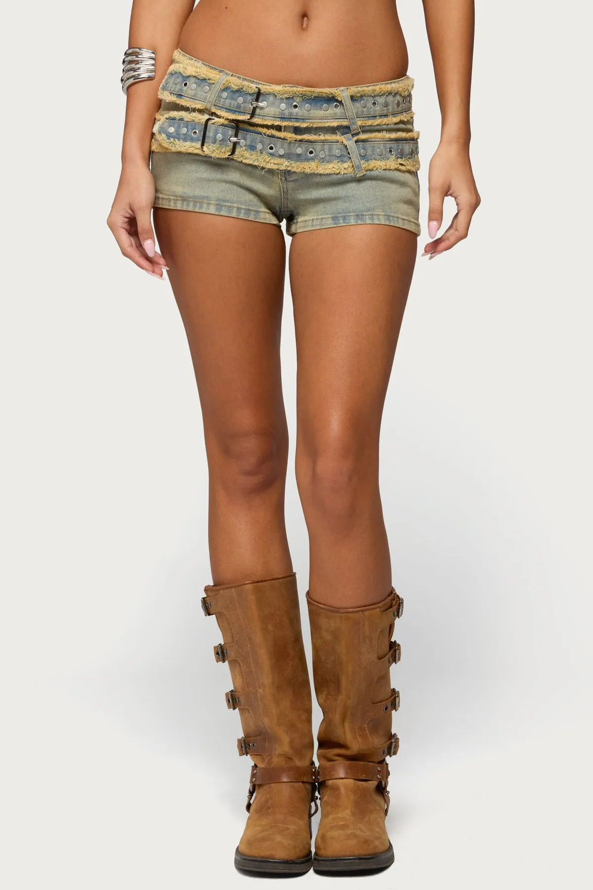 Alyza Distressed Belt Washed Denim Micro Shorts sold by Edikted product image thumbnail 2