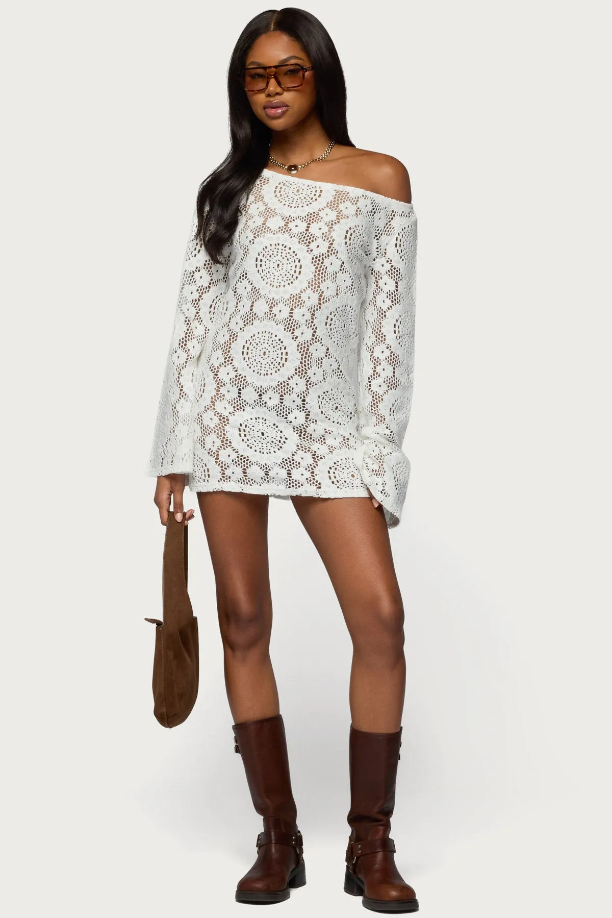 Off Shoulder Sheer Lace Mini Dress sold by Edikted product image thumbnail 5