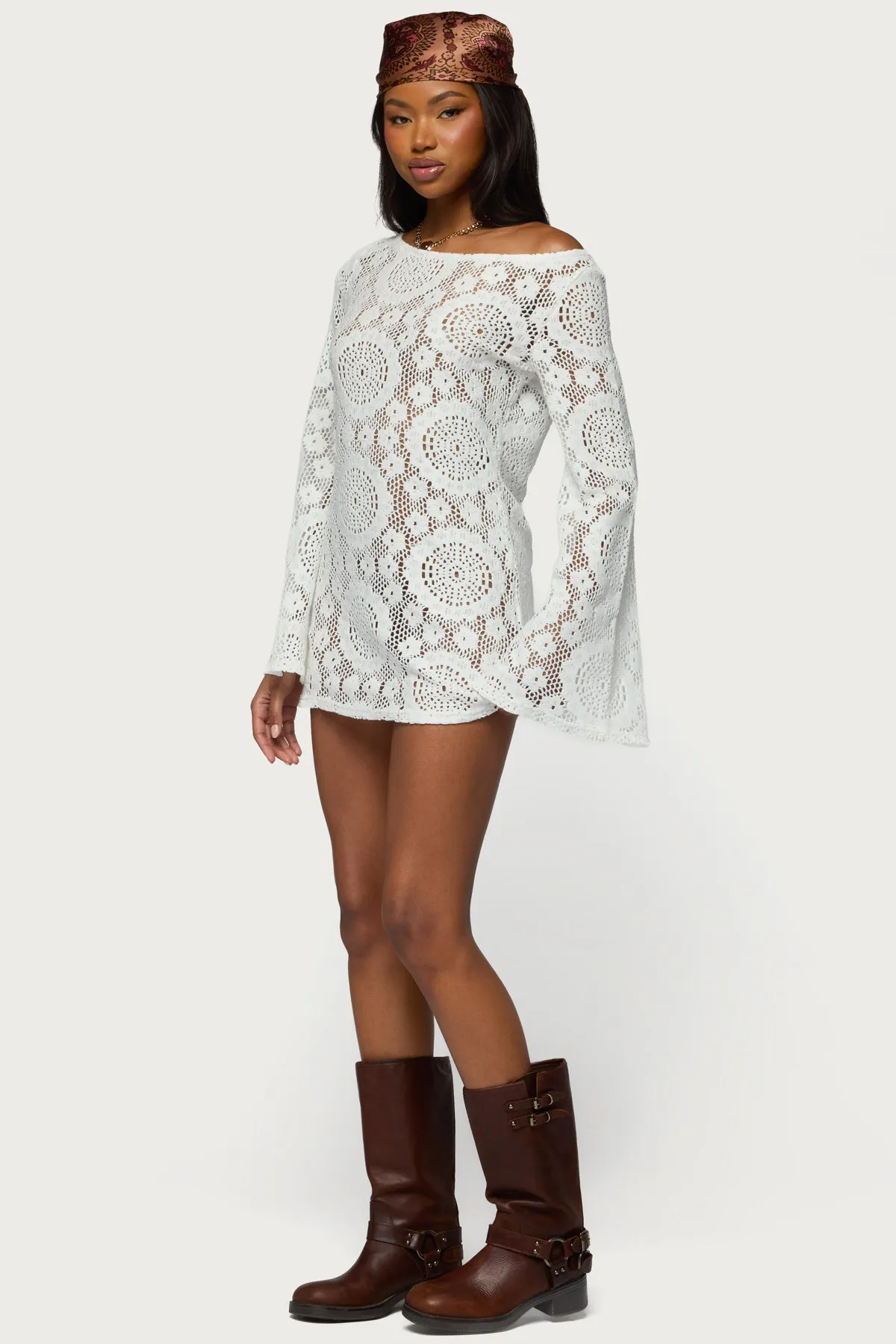 Off Shoulder Sheer Lace Mini Dress sold by Edikted product image thumbnail 3