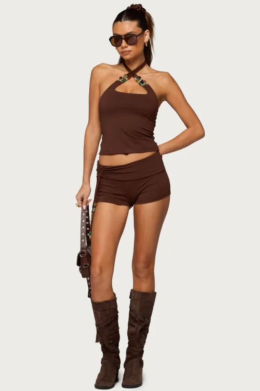 Thia Ruched Bead Foldover Shorts made by Edikted