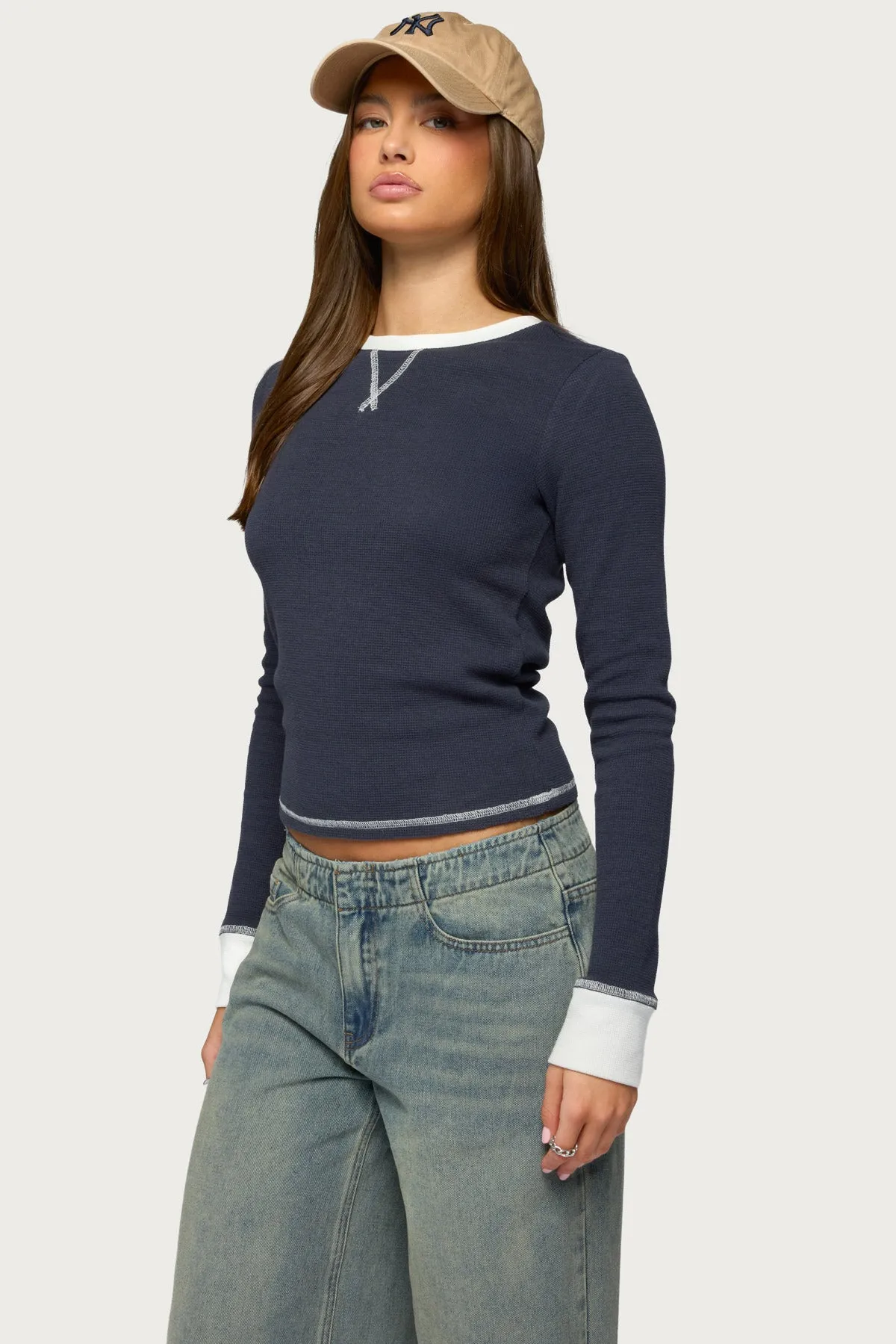 Rora Contrast Long Sleeve Waffle Top sold by Edikted product image thumbnail 3
