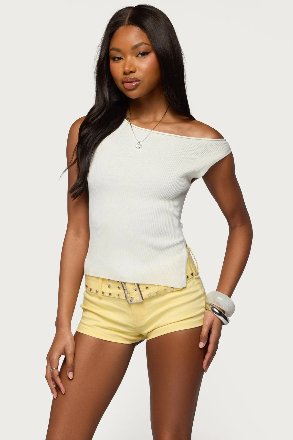 Myrah Asymmetric Off Shoulder Ribbed Knit Top sold by Edikted